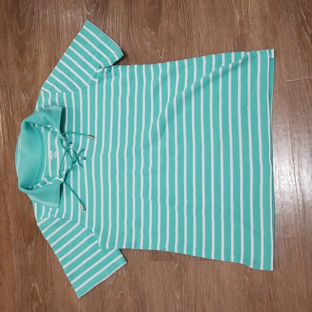 (S) ALIA Striped Nautical Collared Top Beachy Tropical Coastal Travel Tourist